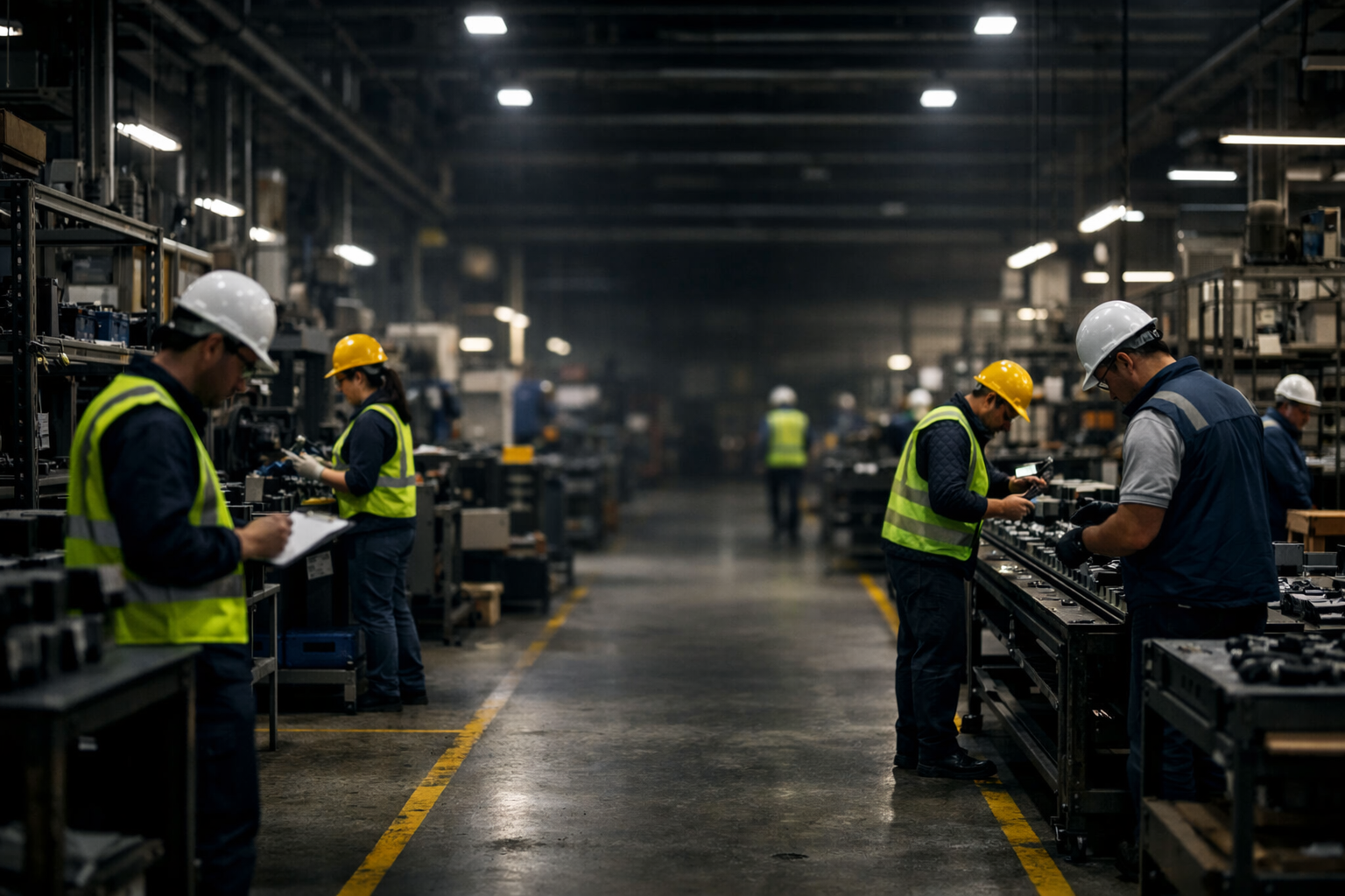 Planta de manufactura industrial con trabajadores